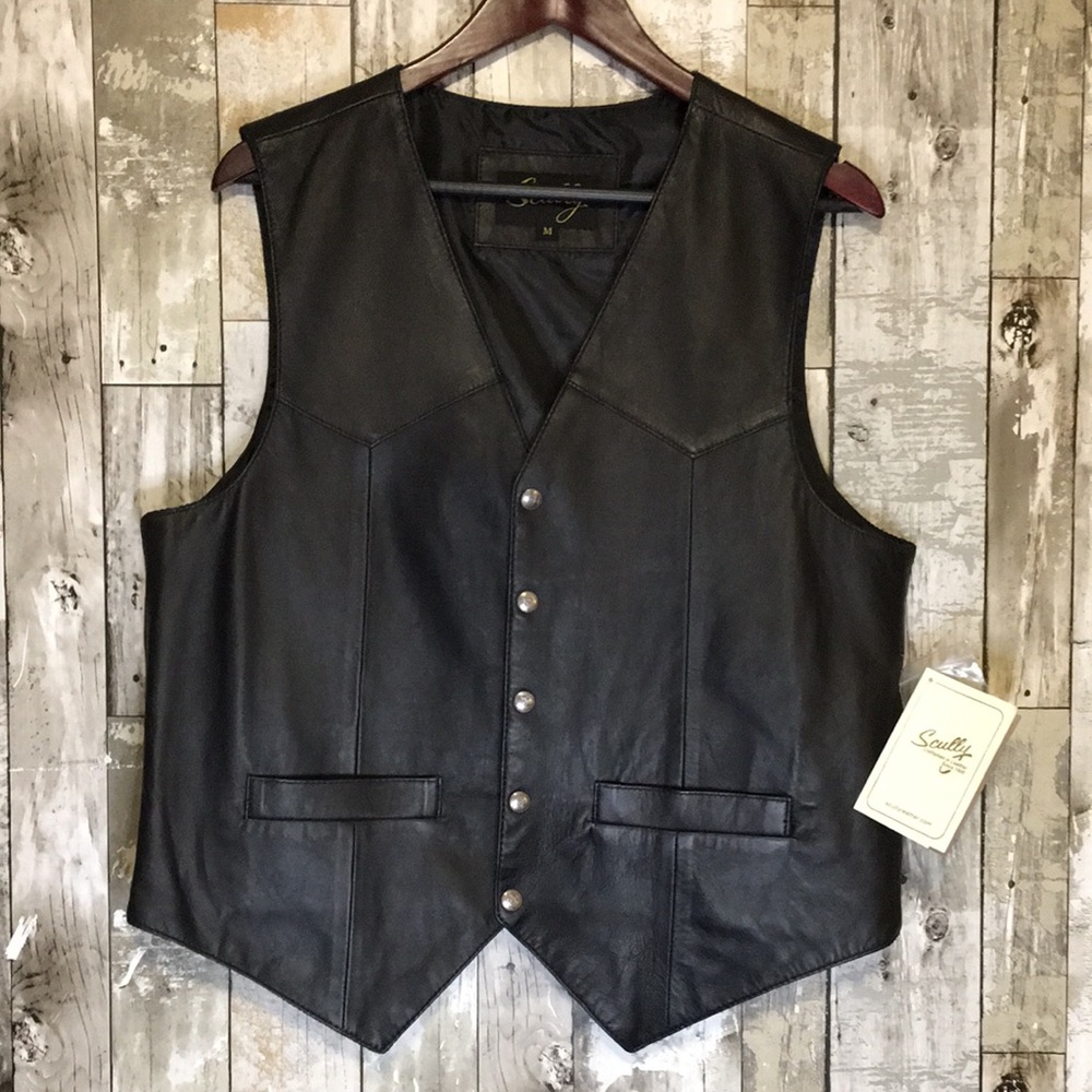 Scully Black leather Vest, Craftsman Leather, Front sliver snaps SIZE M